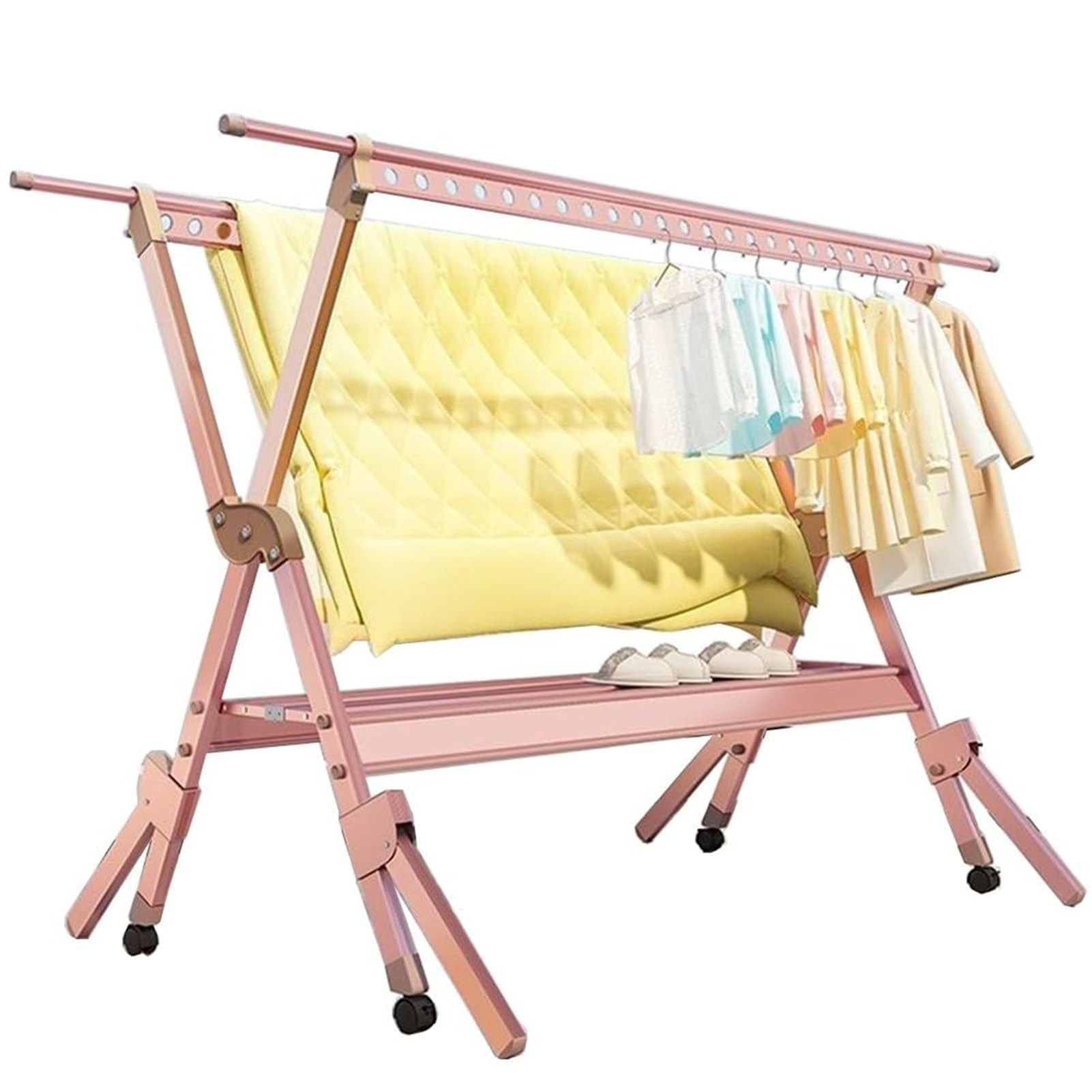 JKJZSALJ Metal Clothes Rack Freestanding Garment Rack With Retail Display Shelf Coat Stand Shoe Rack Bedroom Clothing Organizer,Gold,74 * 135 * 150cm