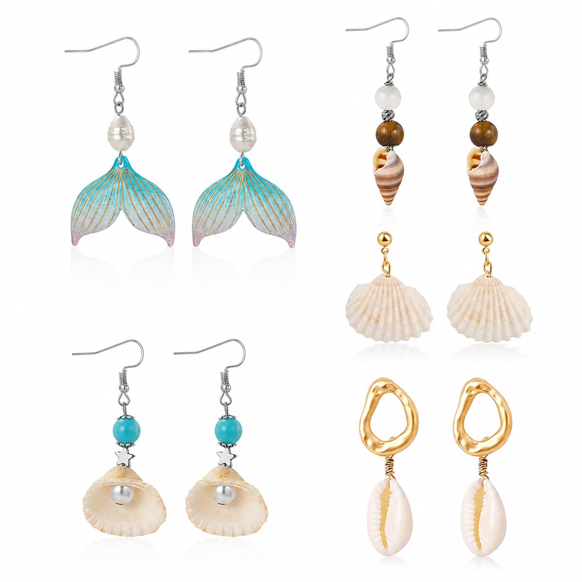 sannidhi 5 Pairs Earrings Set for Women Bohemian Seashell Dangle Earring Pearls Fish Tail Beach Jewelry for Summer, Vacation & Festival Wear-picture-30