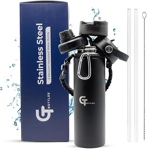 Miniatura 19 de Botella de agua de boca ancha aislada al vacío de acero inoxidable de 25 onzas con 3 tapas y mango de paracaídas para bebidas calientes y frías