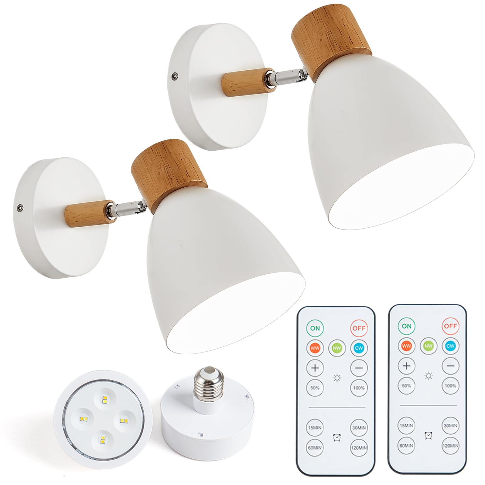 Eyooer Battery Operated Wall Sconce Set of Two,White Modern Wall Lights with Remote Control Dimmable Wall Lighting Indoor, 3000K/4000K/6000K,Not Hardwired Led Wall Lamp Fixtures,Bulb Included
