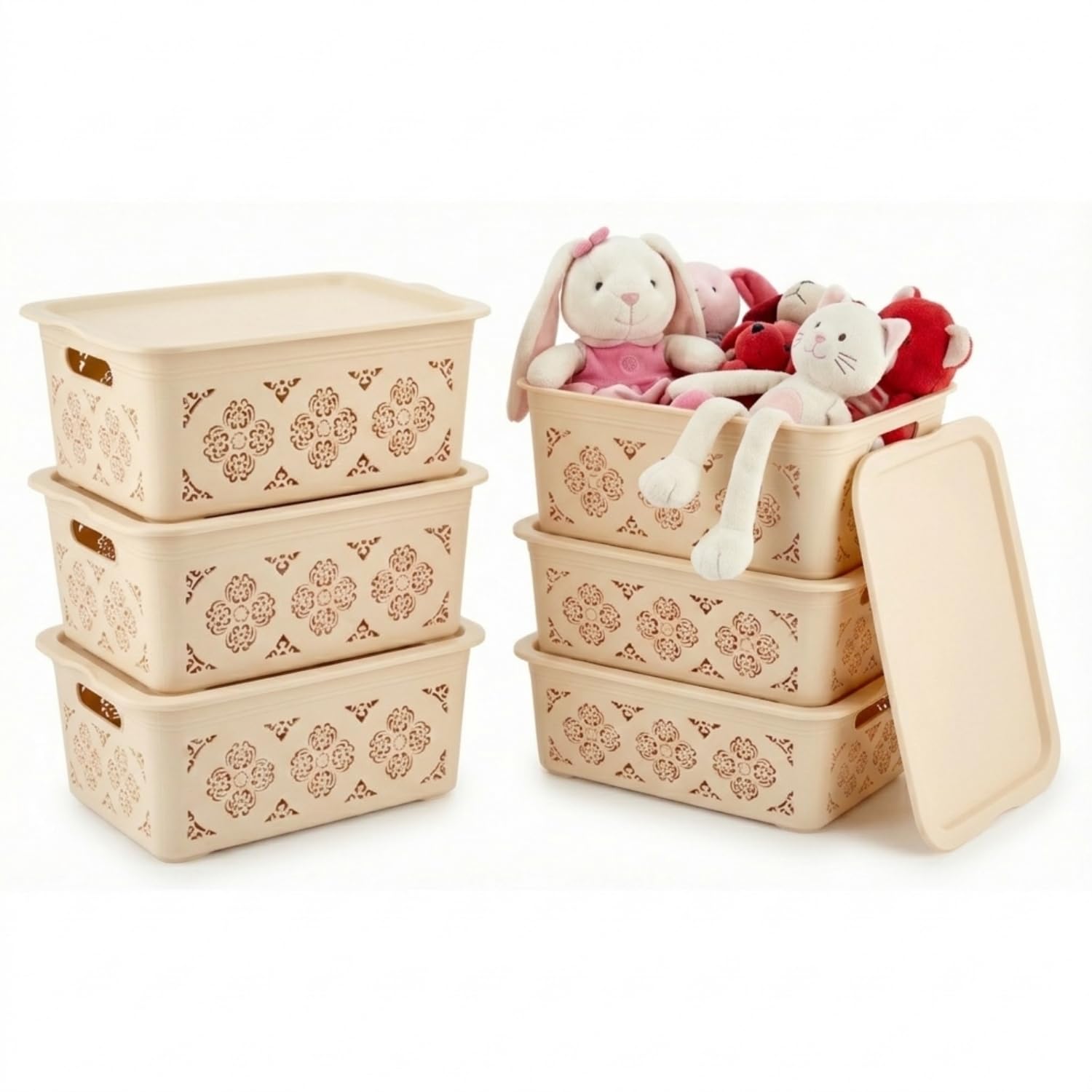 HOMESHOPA Large Plastic Storage Baskets with Handles and Lids, 6 Pack Beige Stackable Storage Containers Bins for Kitchen, Bathroom, & Office Shelf Narrow Boxes