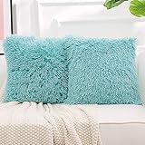 NordECO HOME Luxury Soft Faux Fur Fleece Cushion Cover Pillowcase Decorative Throw Pillows Covers, No Pillow Insert, 18' x 18' Inch, Teal Green, 2 Pack