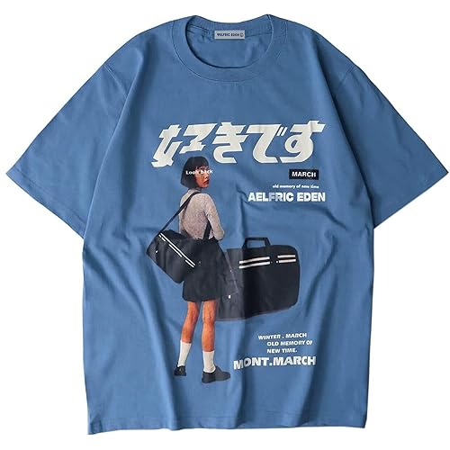 Aelfric Eden Mens Oversized Graphic Tee Summer Unisex Hipster Printed Casual Harajuku Top Tshirt - Blue - Small