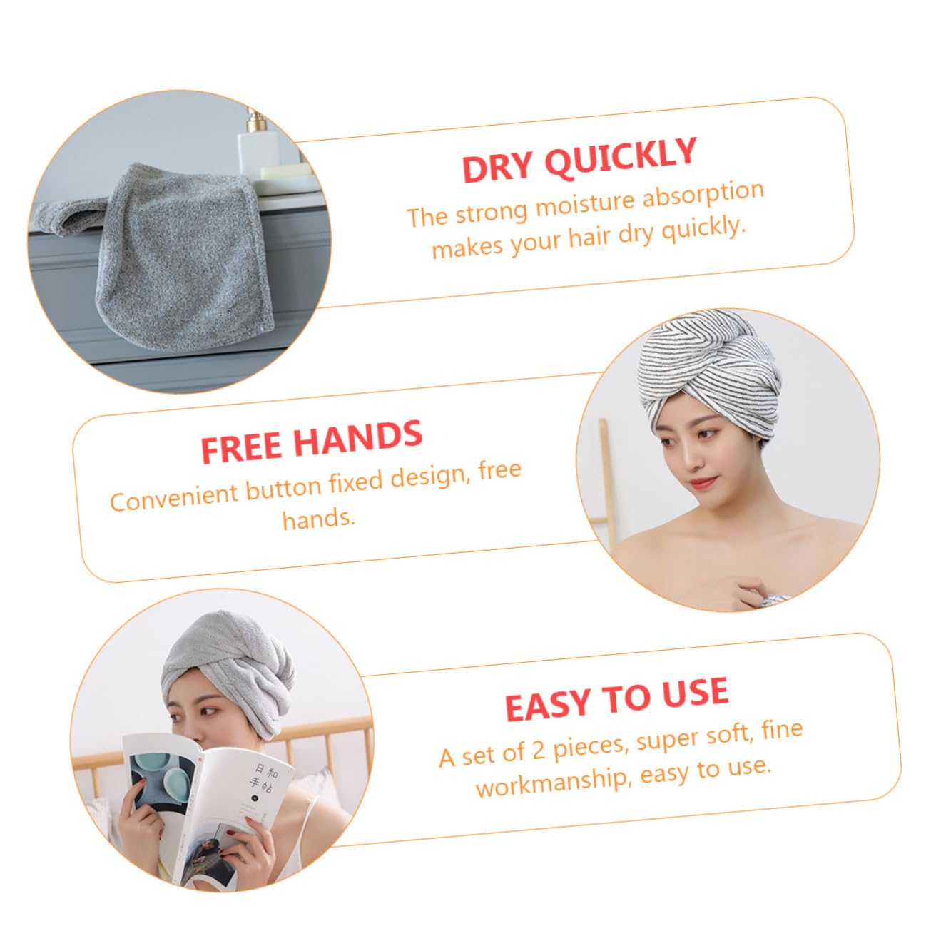 Healeved 2pcs Satin Silk Hair Cap for Sleep Quick Drying Hair Towel Absorbent Hat