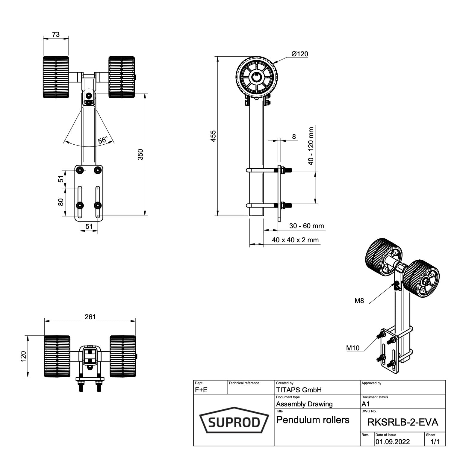 SUPROD 2er Pendelrollen Sliprollen Sliphilfe Bootstrailer Eva Ø 120 mm