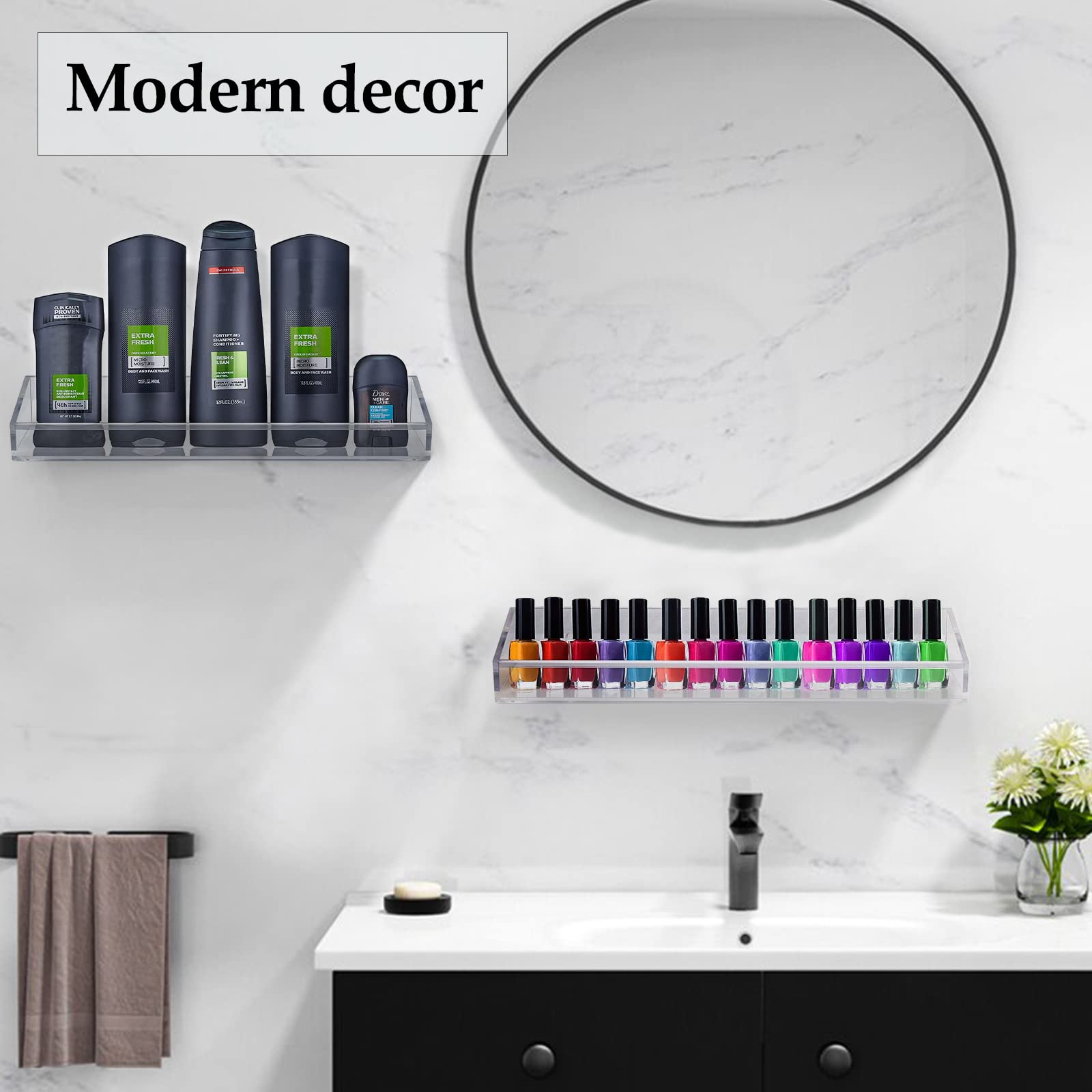 Oiakz Acrylic Bathroom Shelves, Shelf Bathroom Storage Organizer Shelf Wall Mounted 5 MM-Thick Clear Storage Display Shelving, 2 Pack