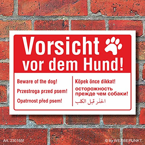 Schild Vorsicht vor dem Hund mehrsprachig englisch polnisch arabisch Alu-Verbund 300 x 200 mm