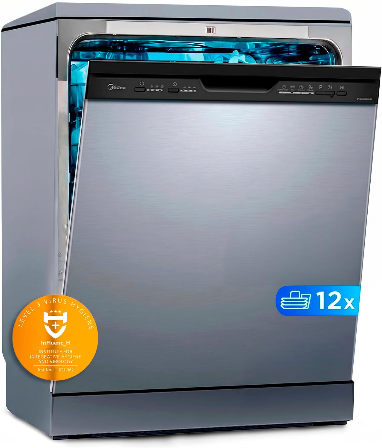 Midea Lavavajillas 60 cm+++ Inox para 12 servicios – Lavaplatos Libre Instalación con 4 Programas, Silencioso 49dB, Filtro Antibacterias, Modo ECO, Lavado Rápido, Función de Media Carga, Sanitización+