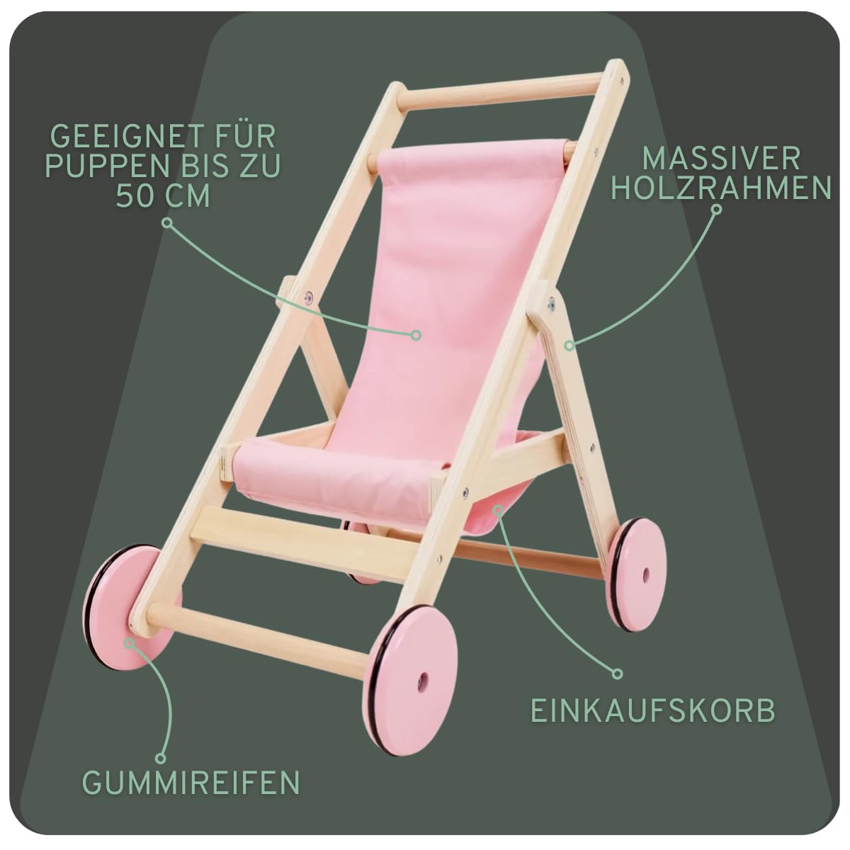 Bandits & Angels Puppenbuggy Lovely Flowers aus Holz – ab 2 Jahren – Puppenwagen aus Holz – für Puppen bis 50 cm – Puppenwagen Rosa mit Blumen – Puppenbuggy