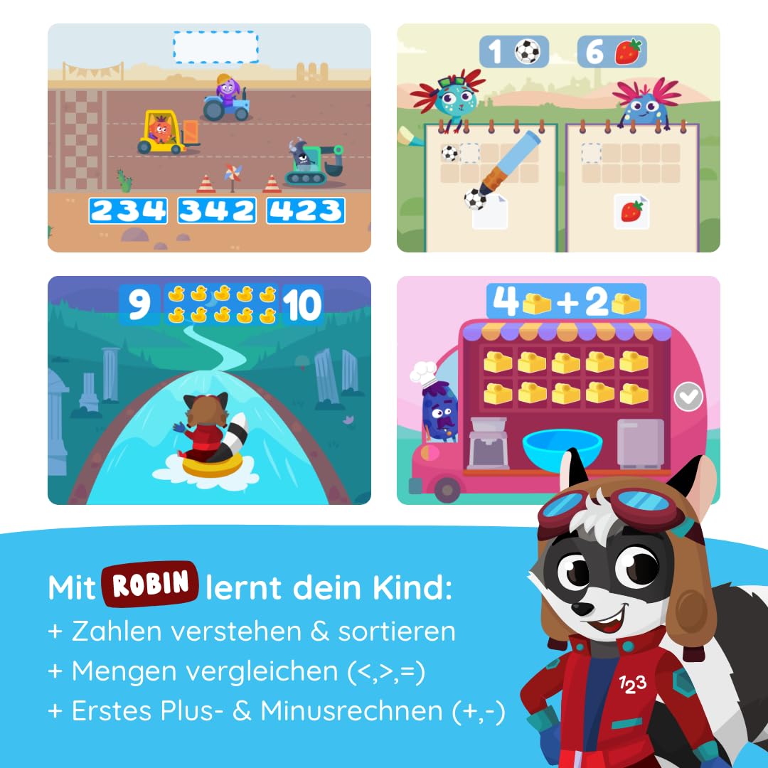 Edurino Robin - Juego de iniciación (primer cálculo hasta 10 (nivel 2) a partir de 4 años, incluye lápiz capacitivo, juego educativo innovador y digital, comprensión de números, ordenar y ordenar