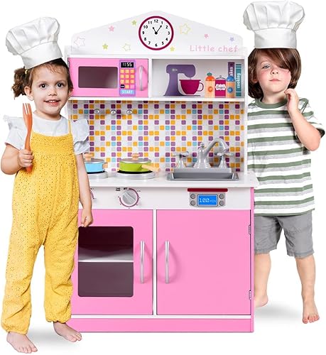 OLAKIDS - Juego de cocina para niños, juego de alimentos de cocina de madera para niños pequeños con estufa de simulación, microondas, horno,