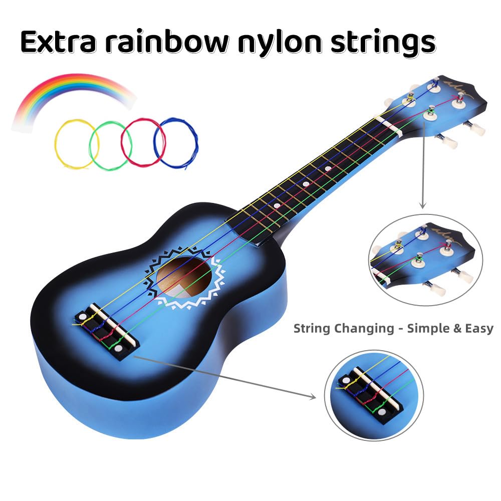 ADM Sopran Ukulele Set für Kinder und Anfänger, Ukulele Starter Kit mit Tasche, Stimmgerät, Regenbogensaiten, Bunter Gurt, Plektron, Griffbrettaufkleber, Akkord-Karte (Blau)