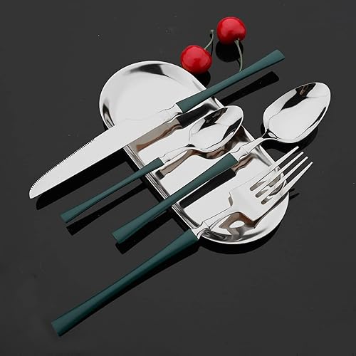 Miniatura 4 de JASHII Juego de 24 cubiertos verdes y plateados con mango plano de cintura pequeña, juego de cubiertos de acero inoxidable para 6 cubiertos, juegos