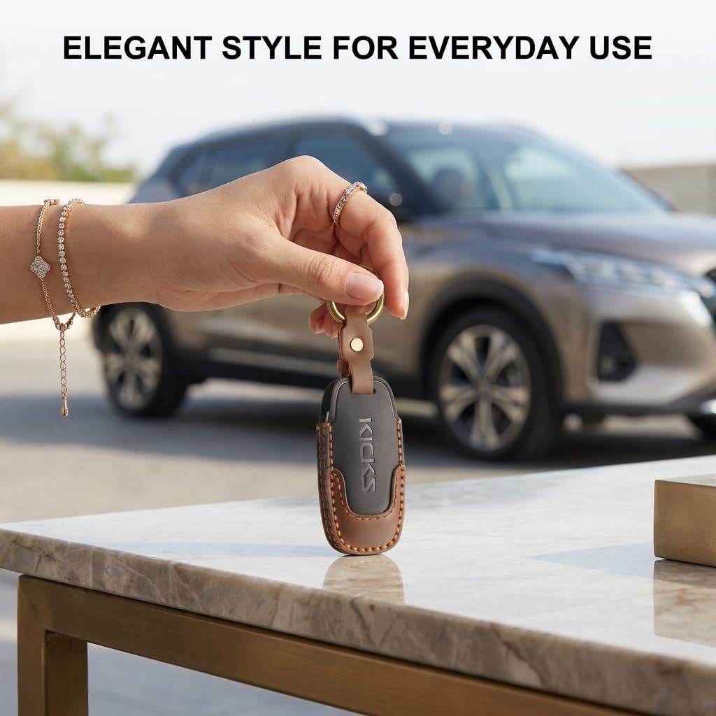 LEXLEY 1PCS Leather Key Fob Cover for 2023-2026 Nissan KICKS, Custom Fit Crazy Horse Leather Key Case with Embossed KICKS Logo, Smart Key Protector,4 buttons