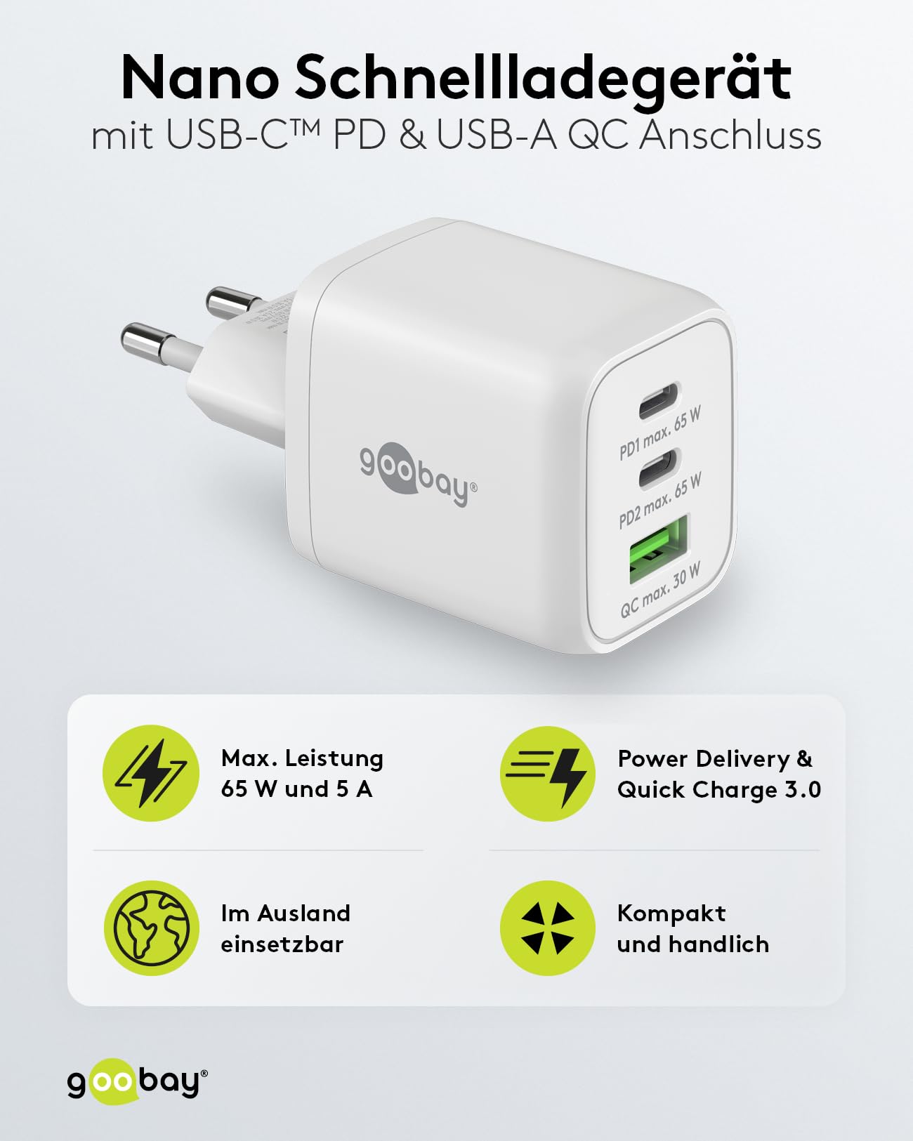 Goobay 64754 Chargeur Rapide multiport USB-C PD Nano (65 W) / 2 x USB-C PD 1 x USB-A Quick Charge/Adaptateur Secteur pour câbles de Charge iPhone et Autres téléphones Mobiles/Blanc