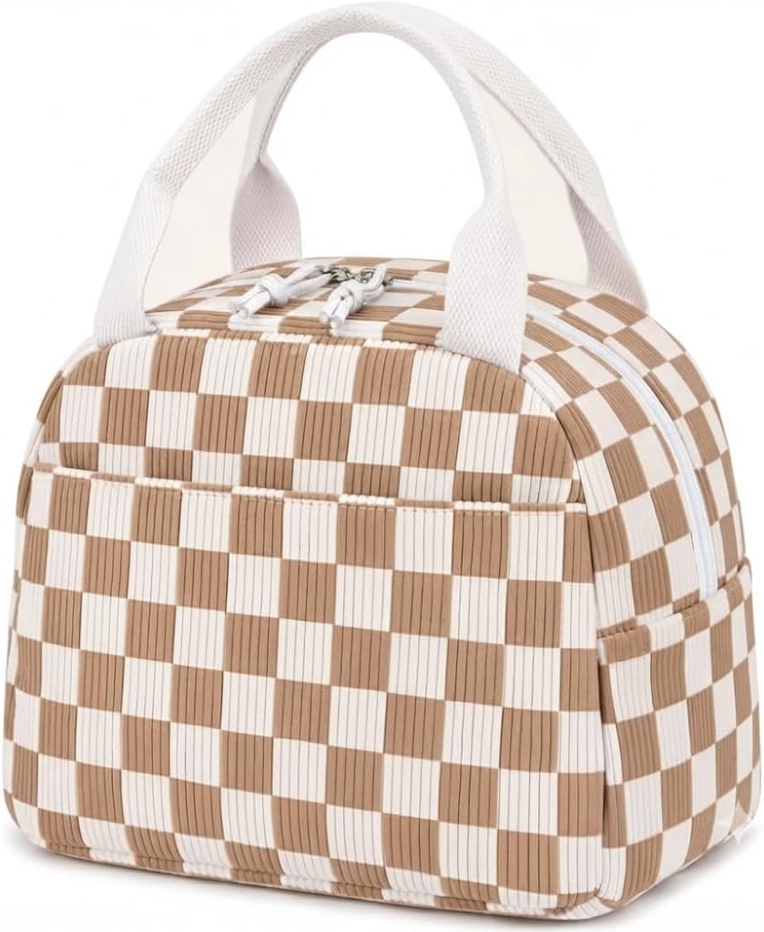 Corduroy Insulated Lunch Tote with Front Pocket for Women & Men Leakproof Reusable Meal & Food Bag, Large Capacity for Office, Picnic & Travel Beige Strawberry image 4