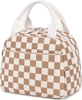 Corduroy Insulated Lunch Tote with Front Pocket for Women & Men Leakproof Reusable Meal & Food Bag, Large Capacity for Office, Picnic & Travel Checkered Brown