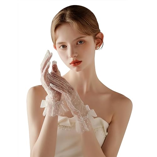Manthan Net Gloves for Women, White Lace Hand Gloves for Formal Events, Wedding and Party Accessories with Elegant Bow Design, Breathable Mesh for Comfortable Wear