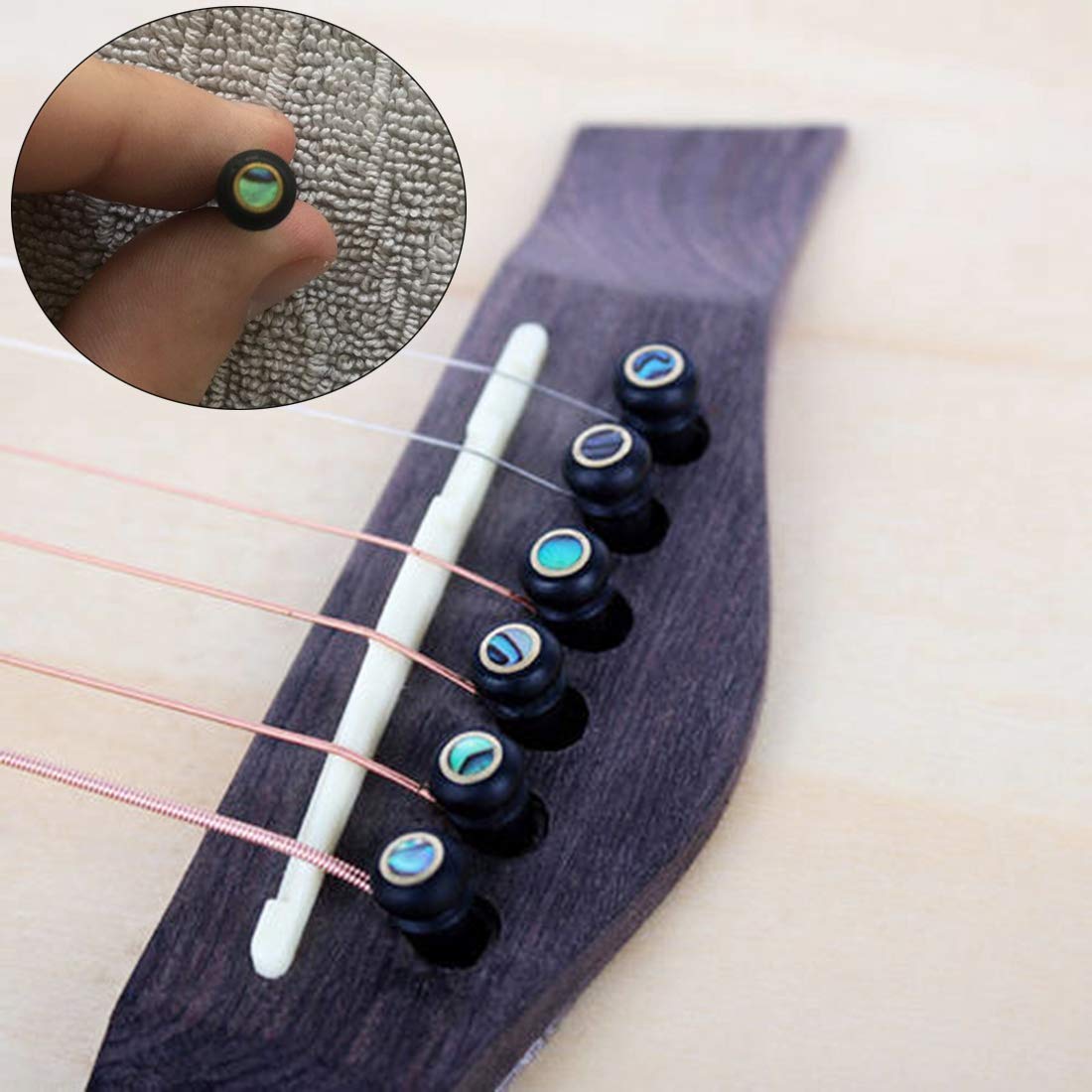 Alnicov Lot de 6 chevilles pour chevalet de guitare acoustique en ébène à rainures avec décoration en ormeau et extracteur de chevilles de chevalet