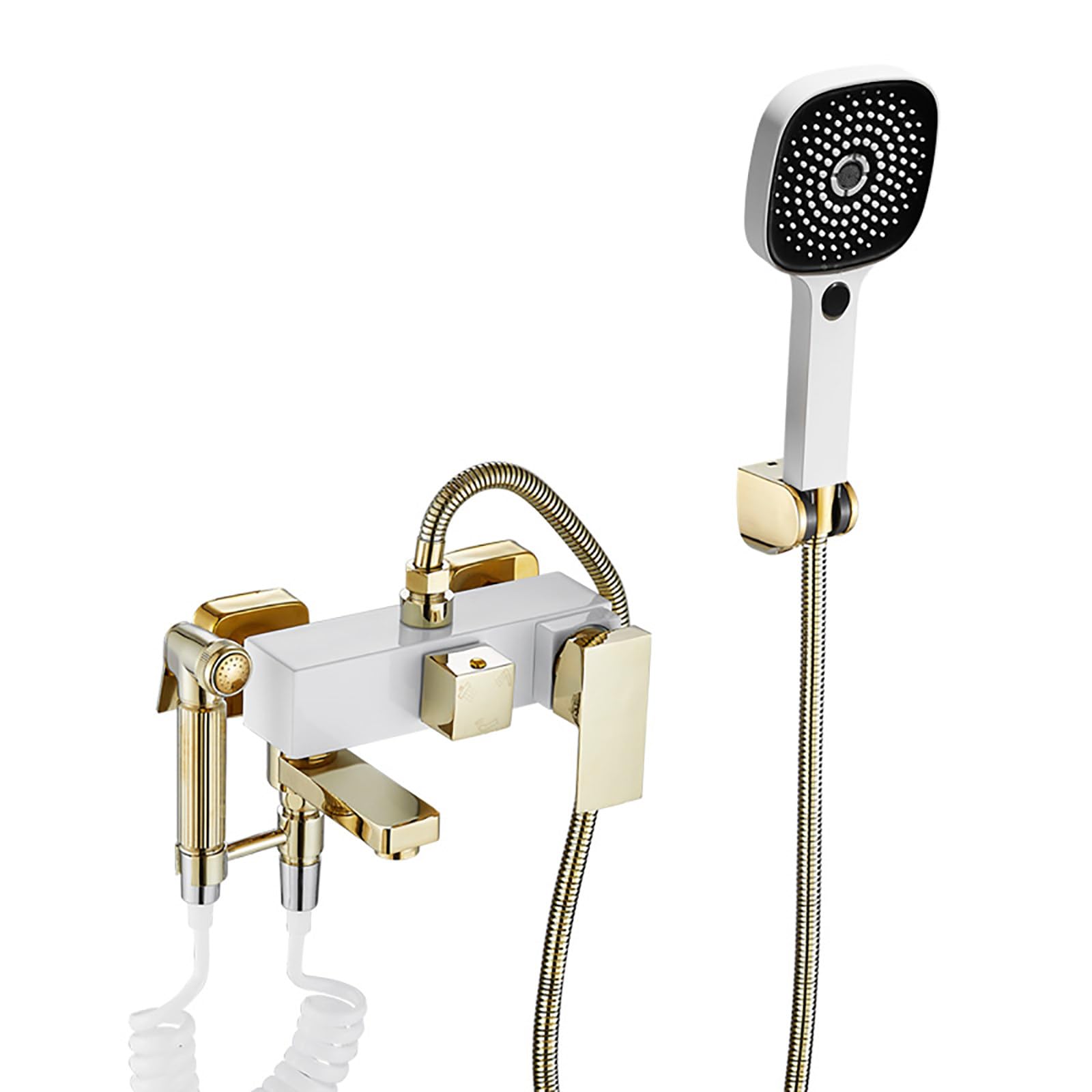 Robinet de baignoire avec douchette blanc et or à rotation 180°