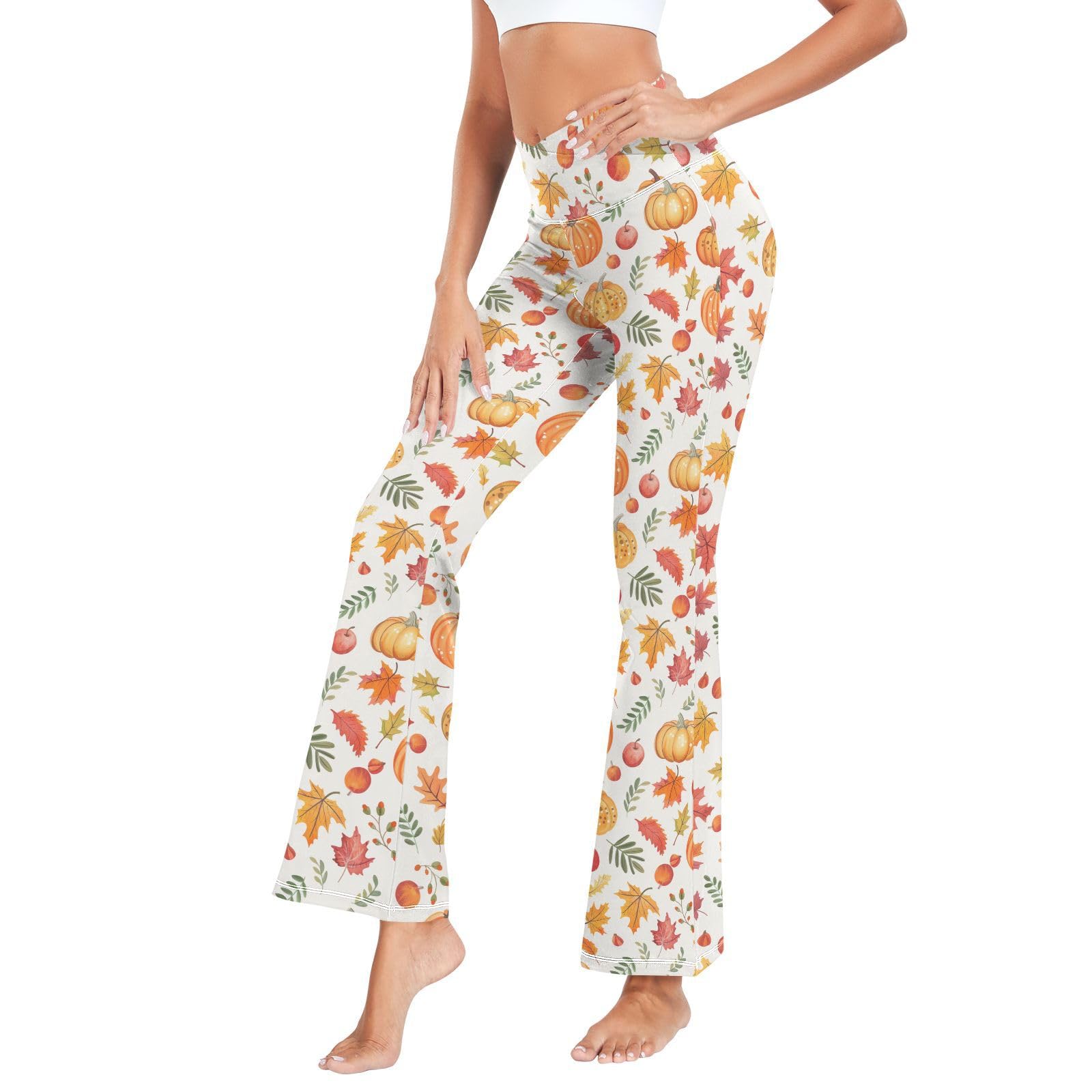 FustyleadAutumn Harvest Pumpkin Fall Leaves Fruit Women's V Crossover High Waist Flare Yoga Pants S-XXL
