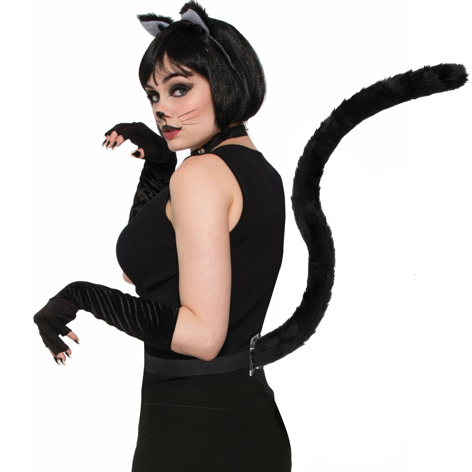 Luwint Cat Ears Hair Clips & Cat Tails Furry Cute Black Catwomen Costume Accessory for Halloween Dress Anime Cosplay Party