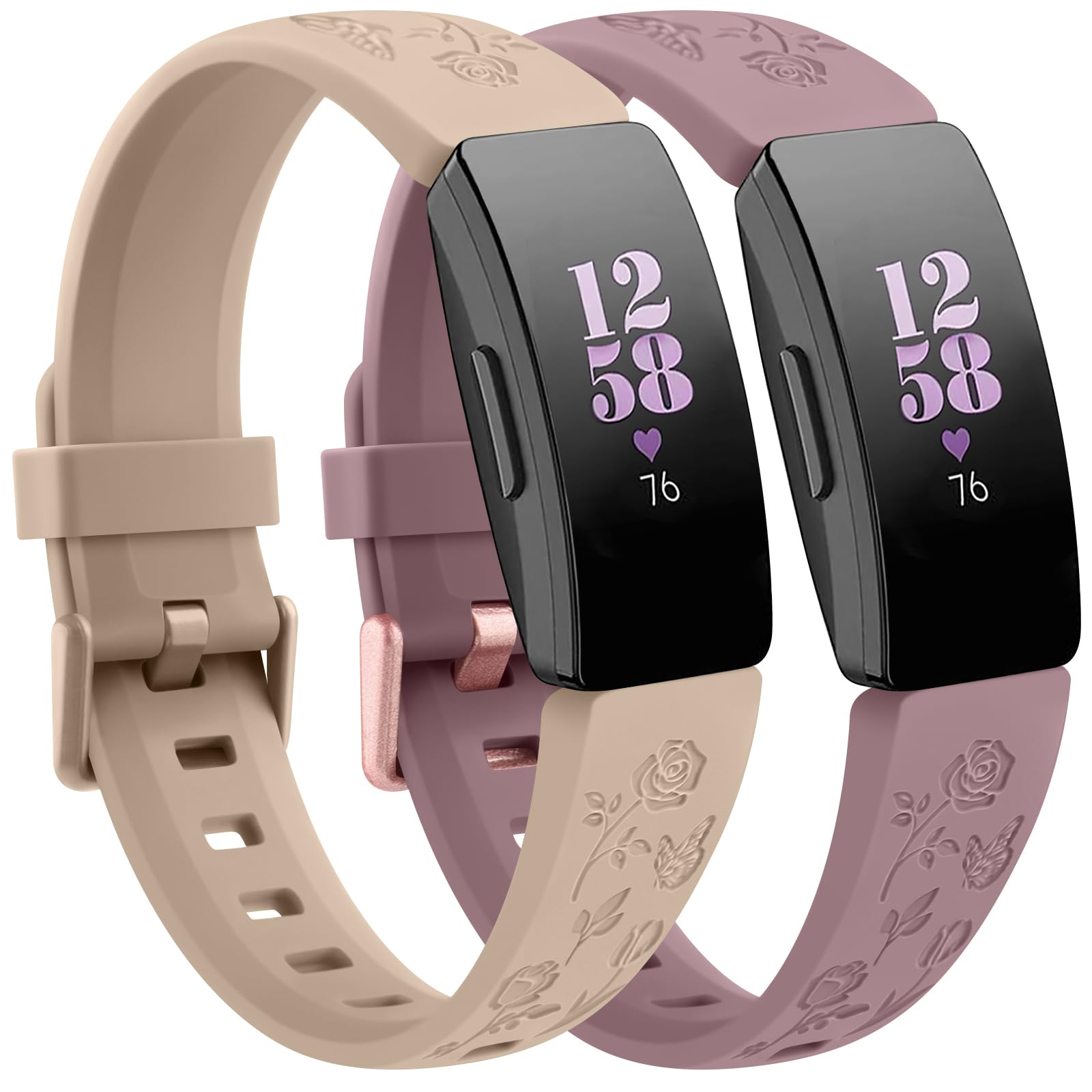 2 Pack Rose Butterfly Engraved Bands for Fitbit Inspire HR Bands/Fitbit Inspire Band/Fitbit Inspire 2 Bands for Women, Soft Elegant Floral Pattern Band Compatible with Fitbit Inspire HR/Inspire 2