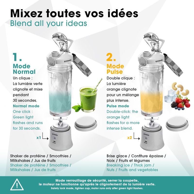 STORMIX Blender & Shaker elettrico - Mixer portatile 150 W - 6 lame in acciaio inox - USB-C ricaricabile - frullati, frullati e proteine - 600 ml - silenziatore - batteria lunga durata - design - immagine 6