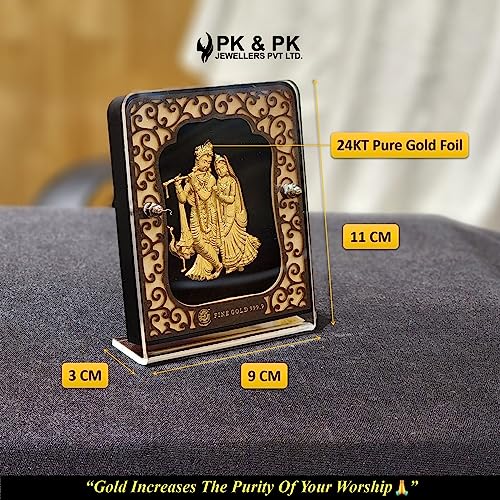 Image of Pk & Pk Jewellers Radha Krishna Ji Table Top | 24KT Gold | Carving Frame | Medium Size (For Premium Gift, Office Desk, Car Dashboard, Table Decoration)