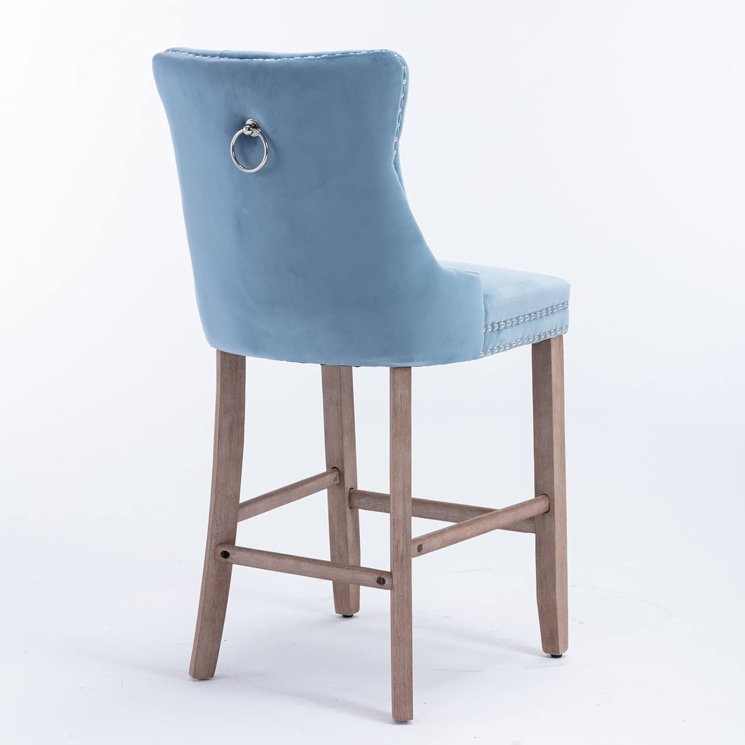 Ball & Cast Velvet Upholstered Wingback Bar Stools Set of 2, Button Tufted Counter Height Bar Stool Chairs with Nailhead Trim&Handle Ring, Padded Kitchen Island Barstools w/Wood Frame, Light Blue
