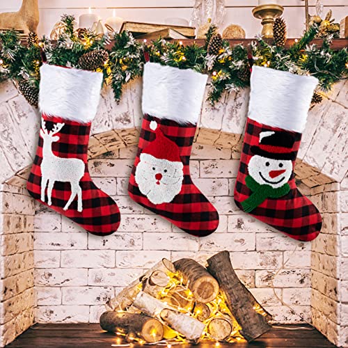 Angelhood Christmas Stockings 3 Pack 18" Big Christmas Stockings, Burlap Plaid Style with Santa Snowman Reindeer and Plush Faux Fur Cuff Family Pack Stockings for Christmas Holiday Party Decor