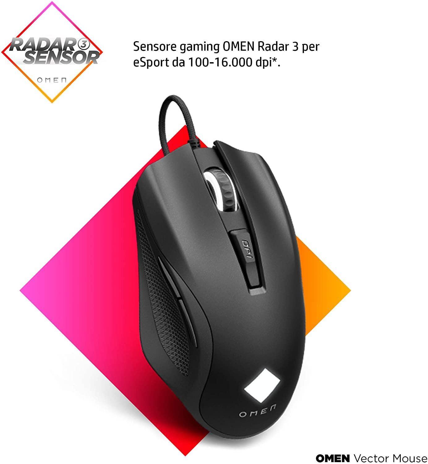 HP OMEN Vector Mouse, 6 Tasti Programmabili, DPI 100 a 16.000, Sensore Precisione OMEN Radar 3, LED Personalizzabili, Rotella Scorrimento, Cavo USB Cablato, Regolazione Peso fino 25 g, Nero