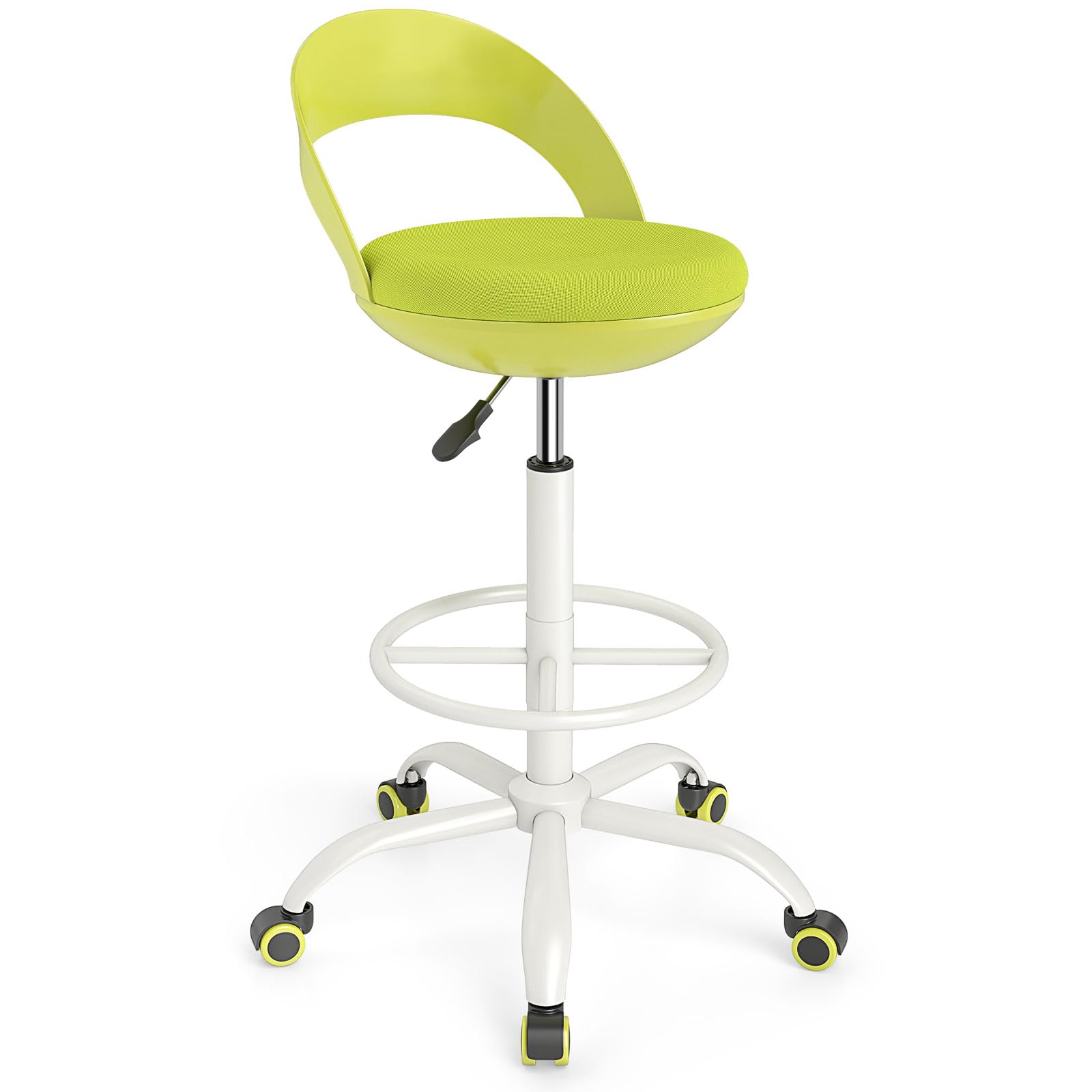 Giantex - Silla de oficina con 5 ruedas, altura ajustable de 70-82 cm, taburete de trabajo con respaldo bajo, reposapiés redondo, sin reposabrazos, taburete ergonómico para oficina, estudio, verde