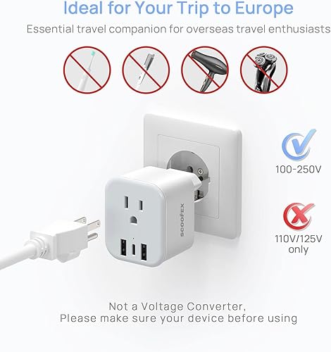 Miniatura 4 de Adaptador de enchufe de viaje europeo - Enchufe de alimentación plegable con 3 USB (1 puerto USB C) y 1 cargador de salidas de CA para EE. UU. a la