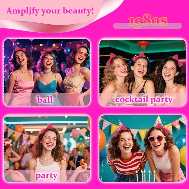 Miniatura 5 de Accesorios de los años 80 para mujer, diadema de lazo de encaje de los años 80 y aretes de neón para mujer, trajes retro vintage de los años 80 para