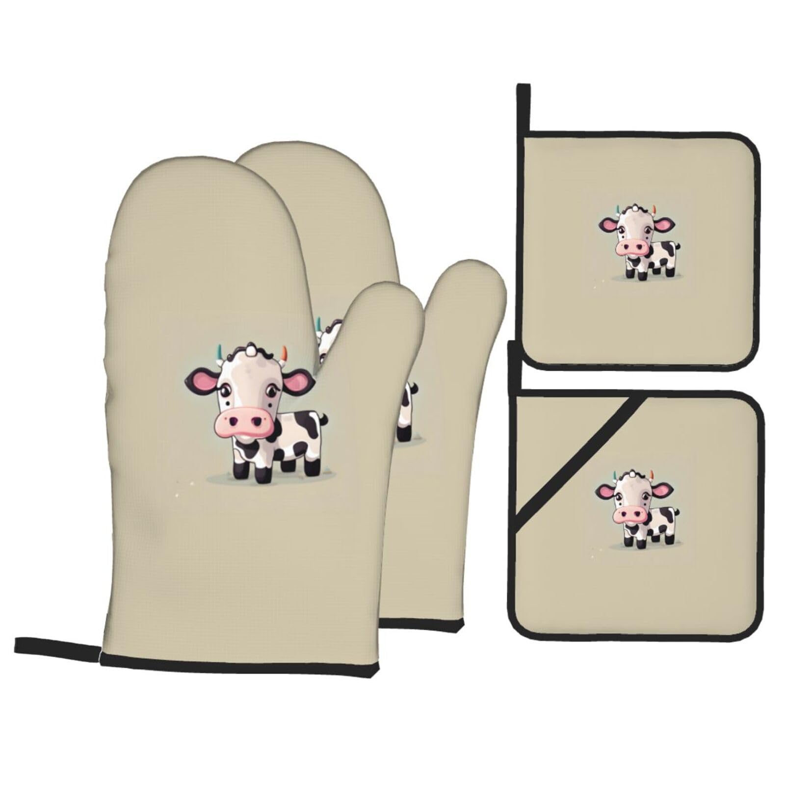Cute White Cow Print 4-Piece Heat-Resistant Oven Waterproof Kitchen Gloves Cooking Roasting Essential