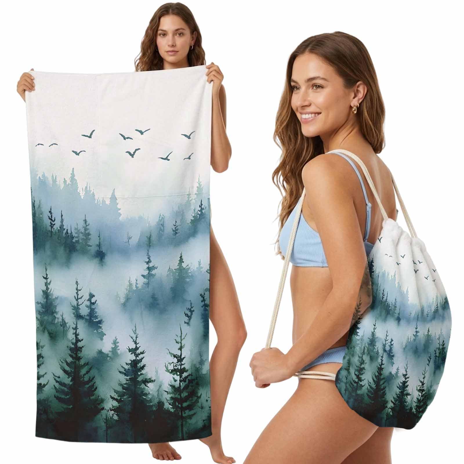 FWJZDSP Beach Towel Backpack Convertible Watercolor Bird Sky Sand Free Quick Dry Towel Bag Ombre Green Beach Towel with Adjustable Straps for Travel Swimming Pool Beach Accessories 31.5x63in