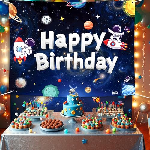 Image of Party Propz Space Theme Birthday Decoration Backdrop 2 Pcs - Outer Space Astronaut Happy Birthday Backdrop Decoration for Boys (5 x 4 Ft) with Ribbon,Astronaut Theme Decor for Kids