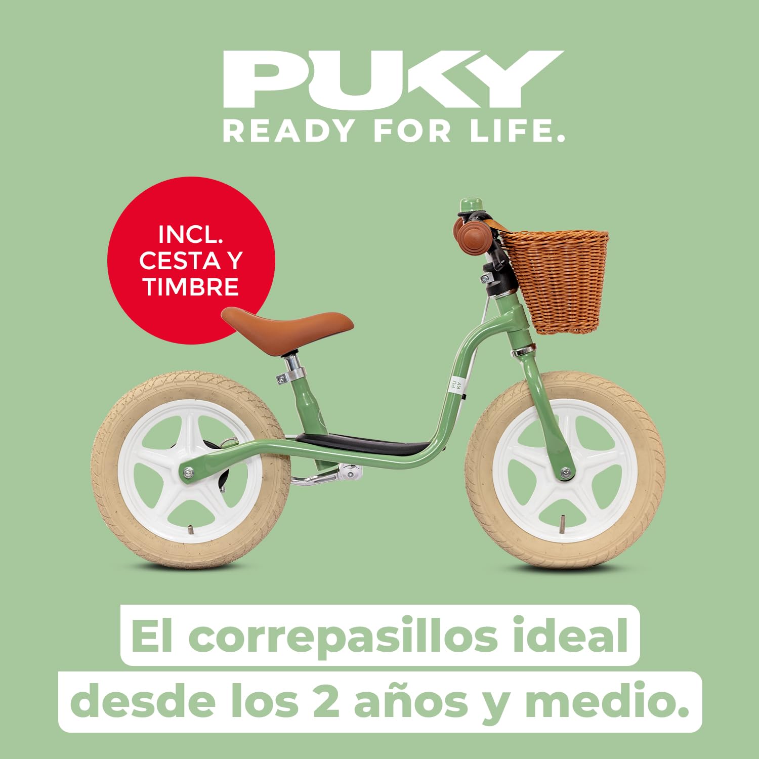 PUKY LR L Classic Retro Green | Bicicleta de aprendizaje 2 1/2 años | Bicicleta infantil con freno | Balance Bike | Asiento ergonómico, asas de seguridad y acolchado para manillar | Sillín y manillar