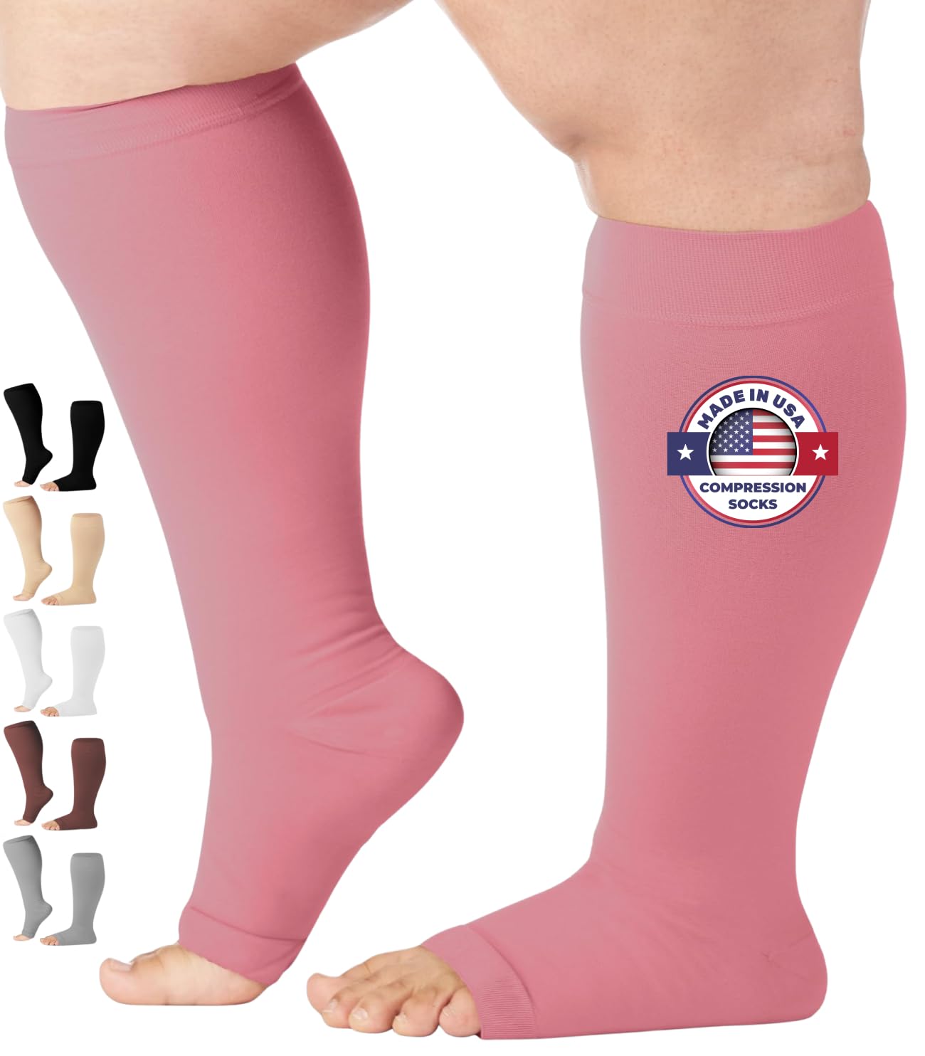 Mojo Compression Socks 3X-Large Made in USA Opaque Plus Size Knee-Hi 20-30mmHg Wide Calf Graduated Stockings Pink XXX-Large Open Toe A211PI6
