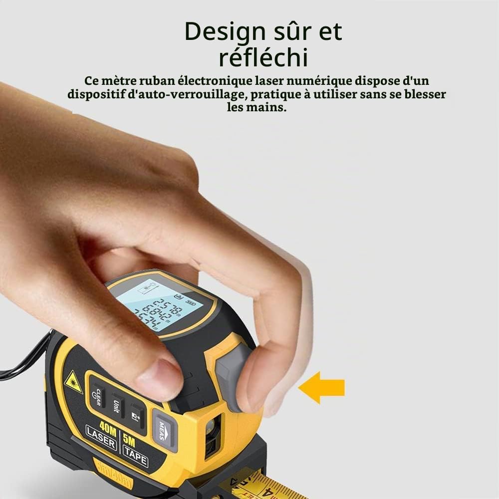 Ruban à mesurer laser 3 en 1, télémètre laser numérique avec écran LCD, mesure laser 40M/131FT, mesure de bande 5M/16FT, surface de mesure/volume/distance/Pythagore