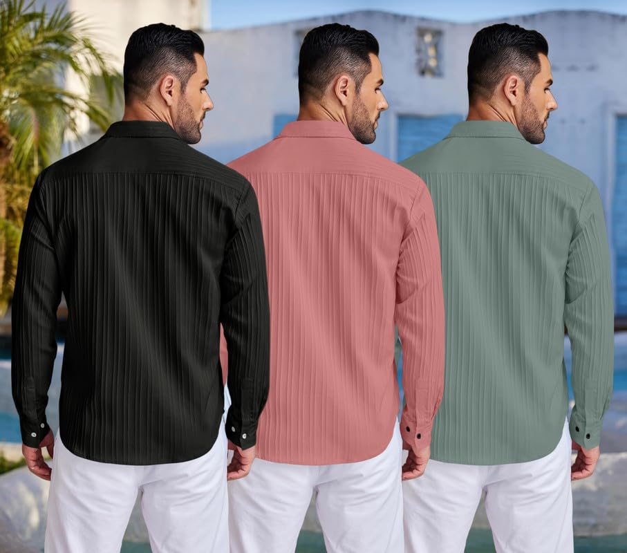 Image of FINIVO FASHION Combo of Men's Casual Cotton Plain Button Down Shirt Long Sleeve Textured Summer Beach Shirt for Men Pack of 3