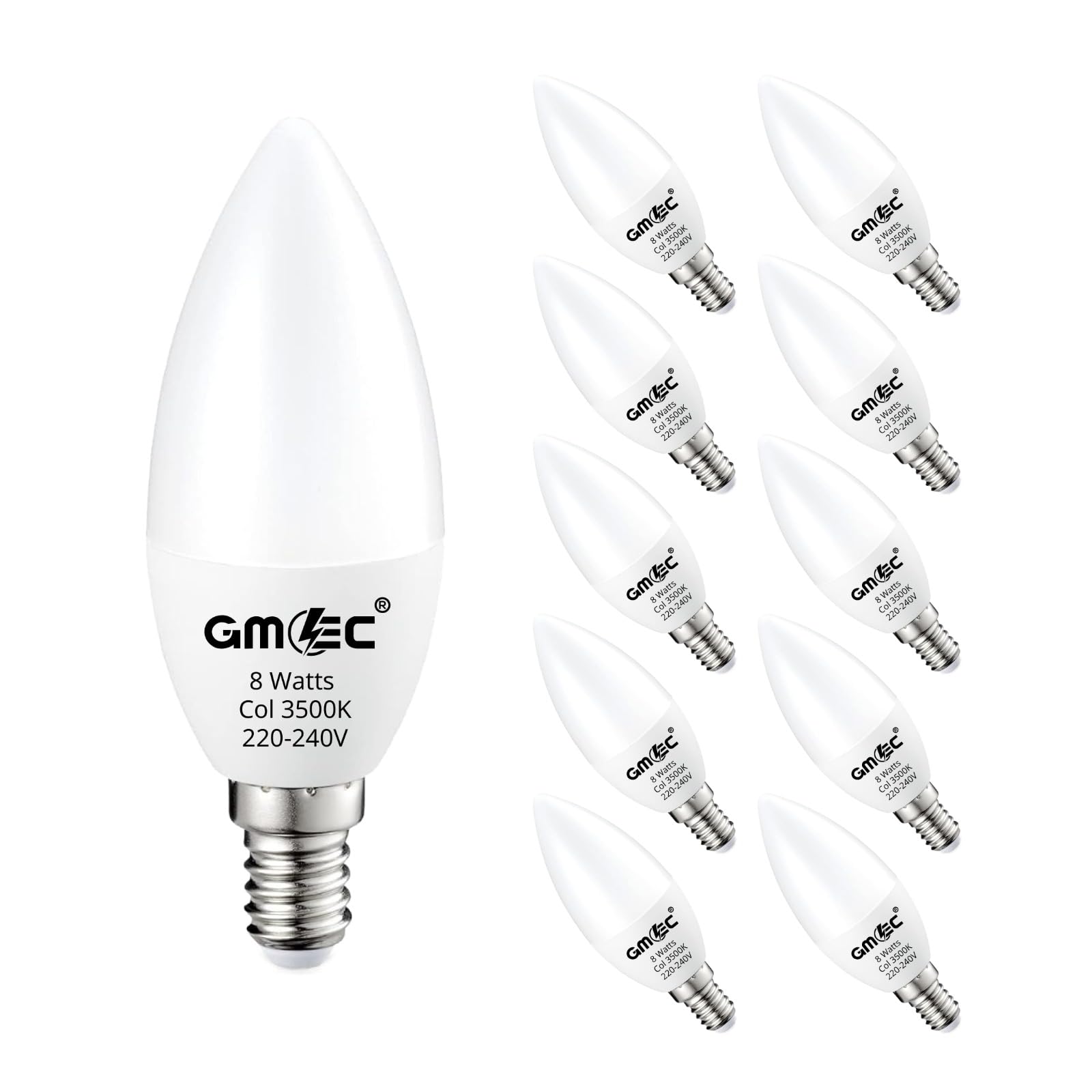 GMEC E14 LED Candle Bulbs 8W Warm White 3500K – E14 SES Small Screw LED Light Bulbs – Energy Saving Candle LED Bulbs for Chandeliers (10 Pack)