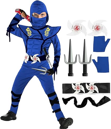 SATKULL Disfraz de ninja azul para niños juego de disfraz de lujo de Halloween con accesorios de espuma ninja para fiesta de niños