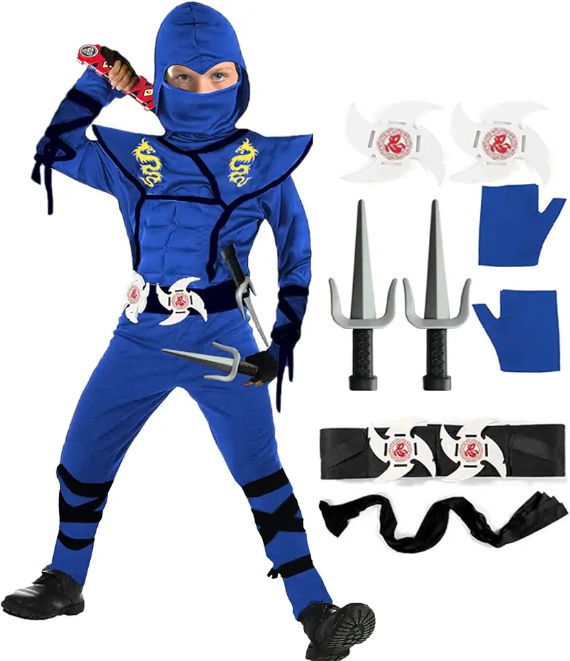 Fantasia infantil Ninja azul, conjunto de fantasia Ninja Deluxe com acessórios de espuma ninja para meninos e meninas, festa de Natal (infantil-10/12T)