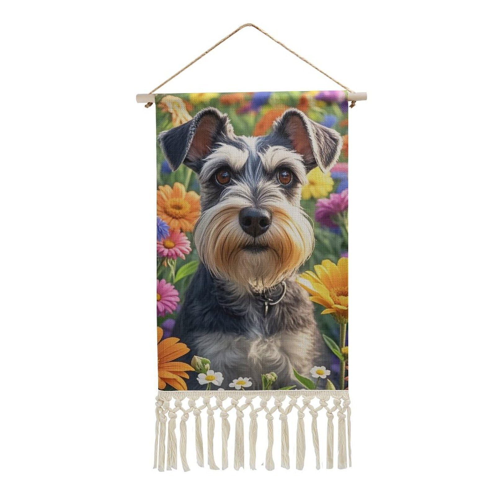 FekiLoot Schnauzer Wall Art Poster Hanger Frame Vertical Tassel Tapestry Cotton Linen Hanging Poster Decorative Wall Art Prints Vintage Wall Art Decor for Home Bedroom Living Room Office