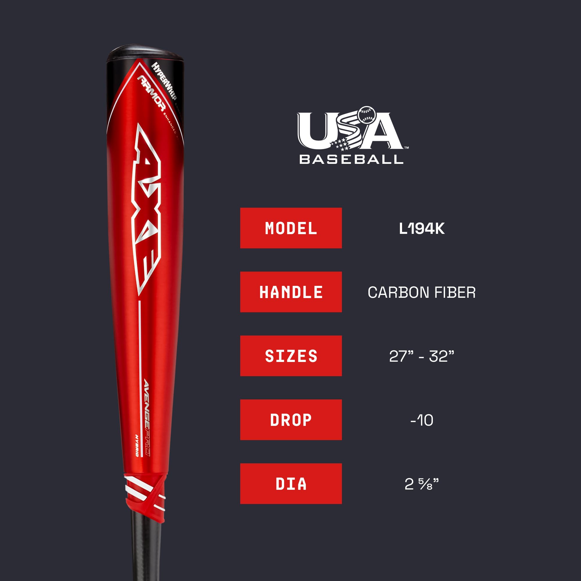 Axe Bat 2023 Avenge Pro Hybrid (-10, 2-5/8") USA Baseball Bat, 3-Piece Hybrid, Red/Black