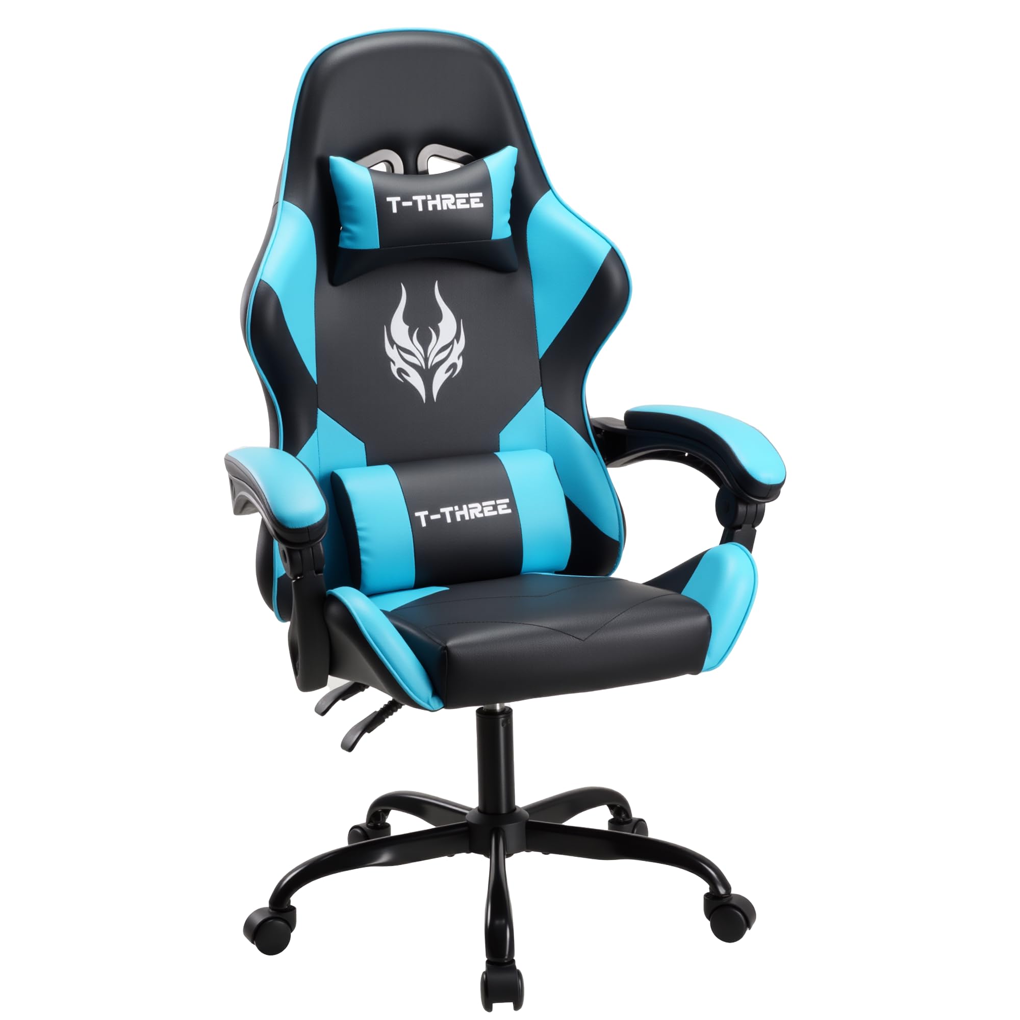 T-THREE.Ergonomic high-back gaming, computer, office, study, swivel, and racing-style chair with adjustable lumbar and headrest support, 150kg weight capacity, ideal for home office(Blue)