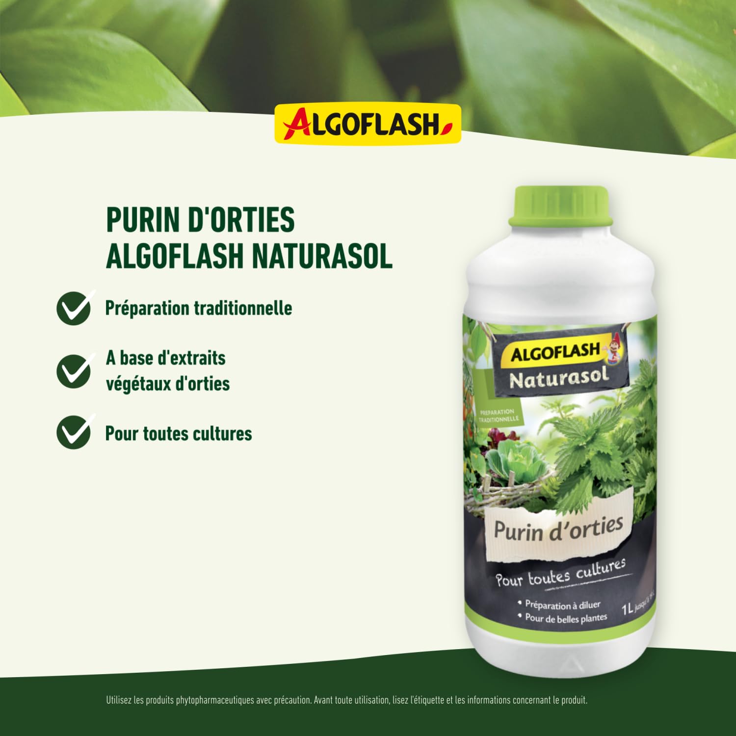 ALGOFLASH NATURASOL Purin d'orties liquide, Jusqu'à 20 L, Bouchon doseur inclus, 1L, ALPURIN, Vert