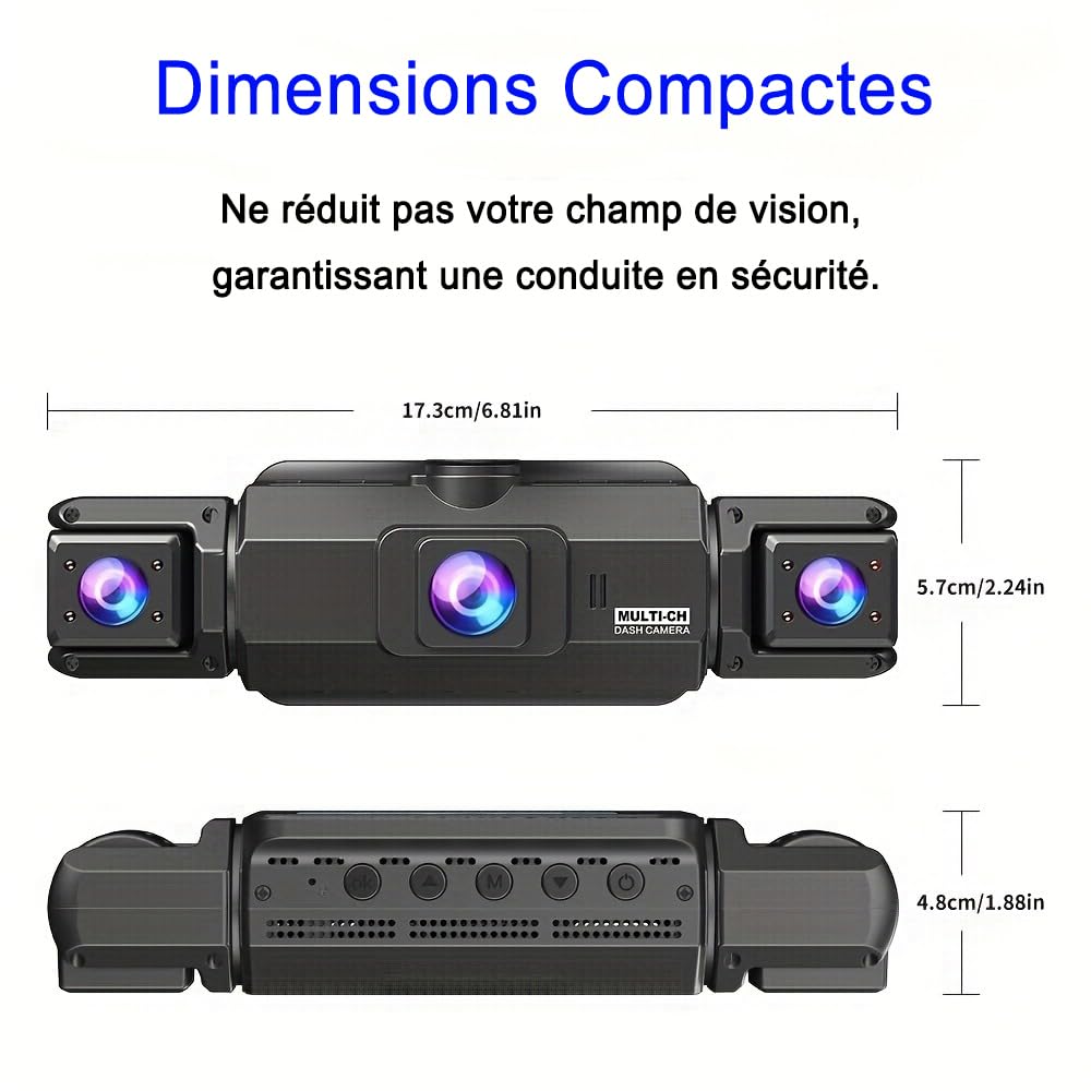 Dashcam 4 Caméras Enregistreur de Voiture - HD 1080P(Avant) 720P(Intérieur×2 & Arrière) sans WiFi 64GB Carte Mémoire, Écran IPS 3" Vision Nocturne (JLYJJS0101)